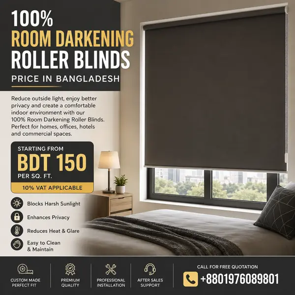 100% Room Darkening Roller Blinds installed in a modern bedroom in Bangladesh.