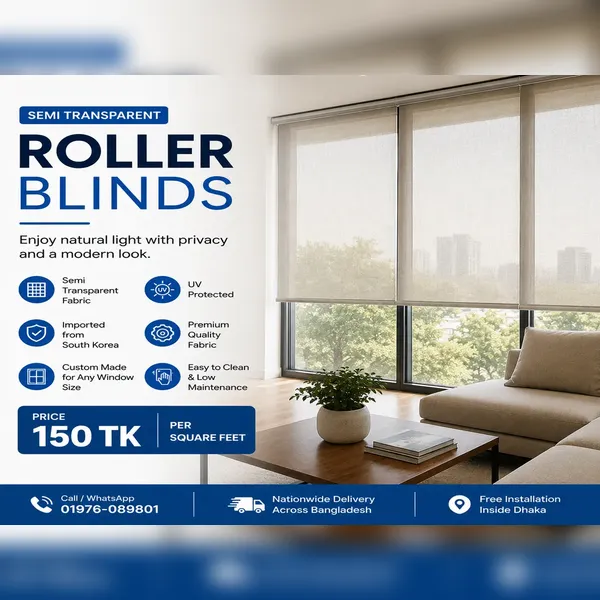 Semi Transparent Roller Blinds with UV-protected South Korean fabric installed in a modern living room in Bangladesh.