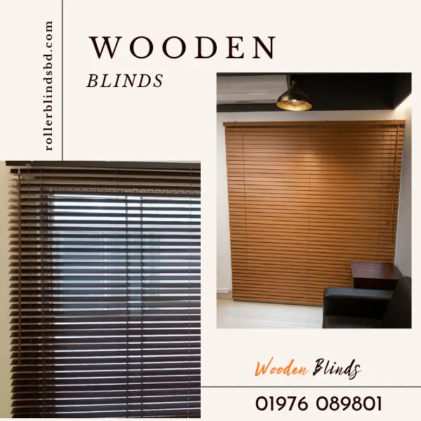 Luxury dark walnut wooden blinds installed on an office window in Bangladesh by Rollerblinds BD
